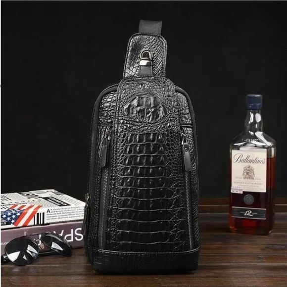 Men's Leather Crocodile Pattern Chest Bag Sling Backpack Crossbody Travel Bag - Picture 3 of 9